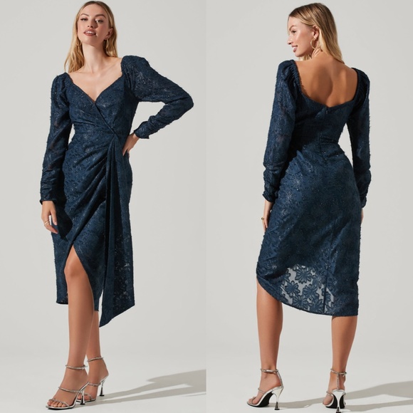 NEW ASTR Label NAVY Terese METALLIC Floral LONG SLEEVE Cocktail MIDI DRESS XS - Picture 3 of 16